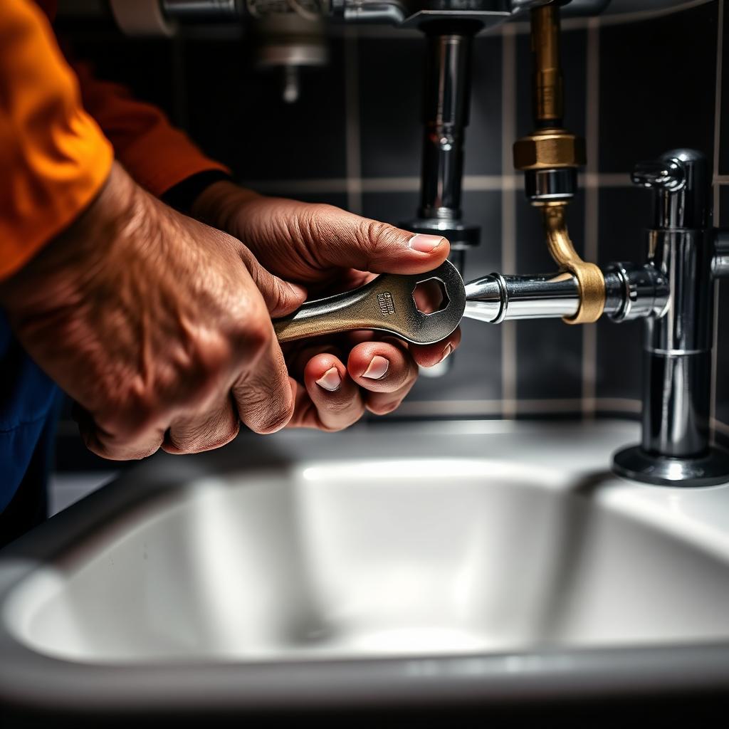 Plumber repairing pipes under sink